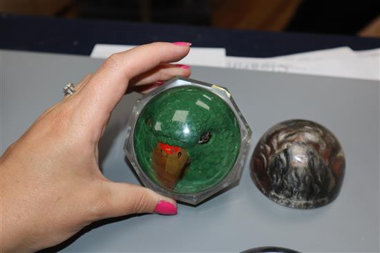 Three Victorian reverse intaglio moulded glass paperweights; parrot, dogs head and James Dawson & Son advertising